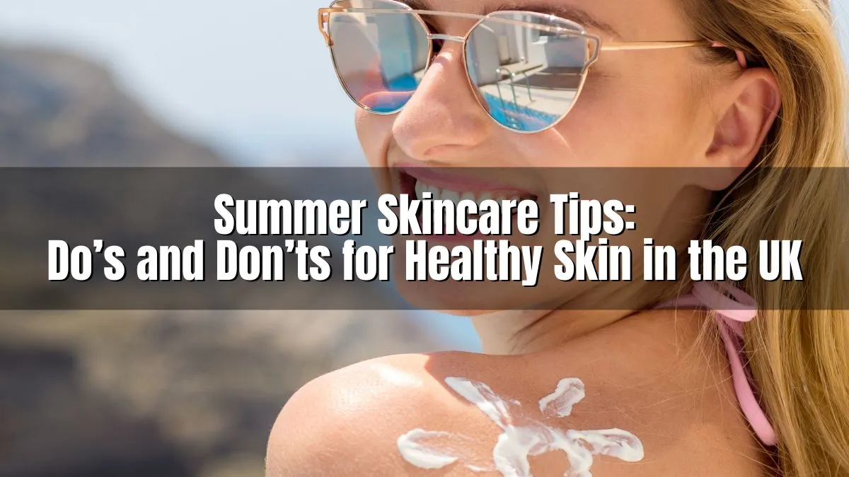 Woman smiling outdoors with sunglasses and sunscreen on her shoulder, promoting summer skincare tips for healthy skin in the UK.