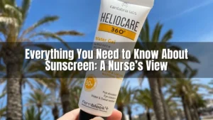 Hand holding Heliocare sunscreen with text about sunscreen explained.