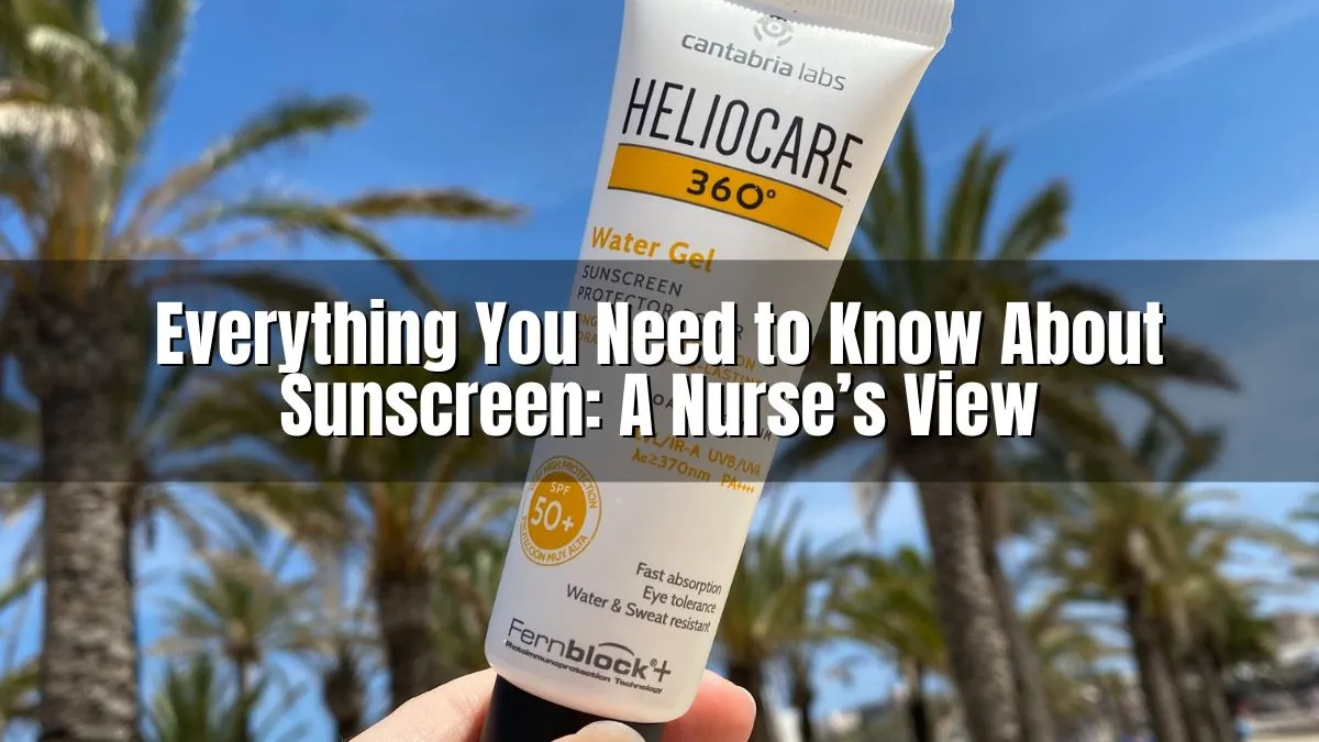 Hand holding Heliocare sunscreen with text about sunscreen explained.