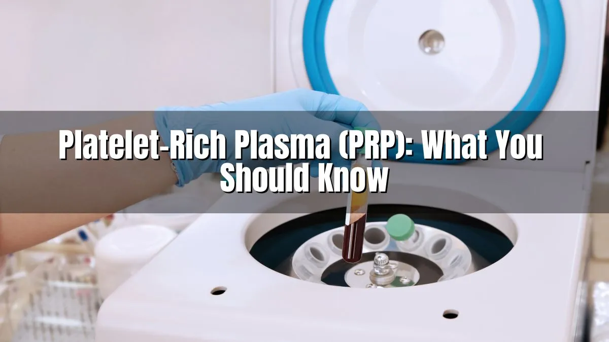 Gloved hand holding a vial of blood after centrifuge process for PRP treatment — Platelet-Rich Plasma preparation.